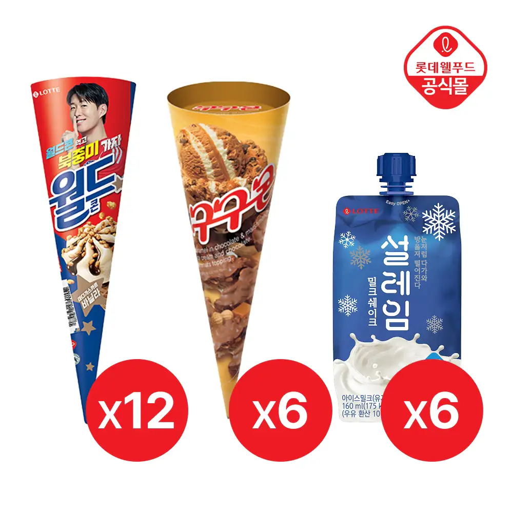 상품 이미지: 월드콘 바닐라 160ml x 12개+설레임 밀크쉐이크 160ml x 6개+구구콘 160ml x 6개