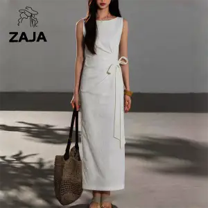 상품 이미지: ZAJA 여성 여름 민소매 리넨 원피스 벨트 라운드 롱원피스 오피스룩