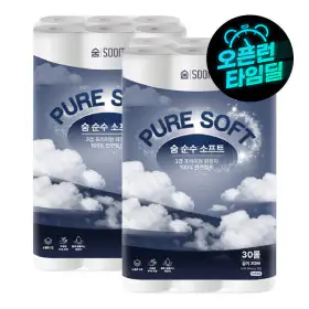 상품 이미지: 숨 순수 소프트 3겹 30m 30롤 2팩 100% 천연펄프 무형광 화장지 대용량 구성 가정용 업소용 추천