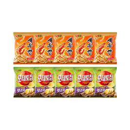 상품 이미지: 농심 새우깡 90g, 5개 + 포테토칩 오리지널 60g, 5개