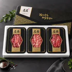 상품 이미지: (30%) 한우 1등급 구이용 3구 선물세트 1.4kg (등심500g+채끝500g+갈비살400g) (100개한정 최종가 99810원)