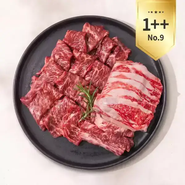 상품 이미지: 1++NO.9 등급 한우 구이모듬 600g (갈비살 로스모듬 400g + 차돌박이200g )