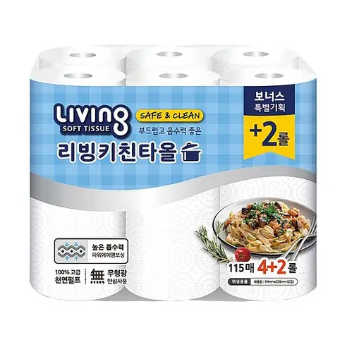 상품 이미지: 리빙티슈 천연펄프 안심클린 키친타올, 6개입, 1개