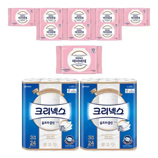상품 이미지: 크리넥스 3겹 울트라클린 화이트, 25m, 24롤, 2개+마이비데 밸런스케어 캡, 40매, 9개