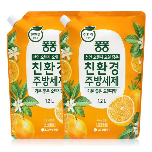 상품 이미지: 퐁퐁 오렌지 오일 담은 친환경 주방세제 기분 좋은 오렌지향 리필, 1.2L, 2개