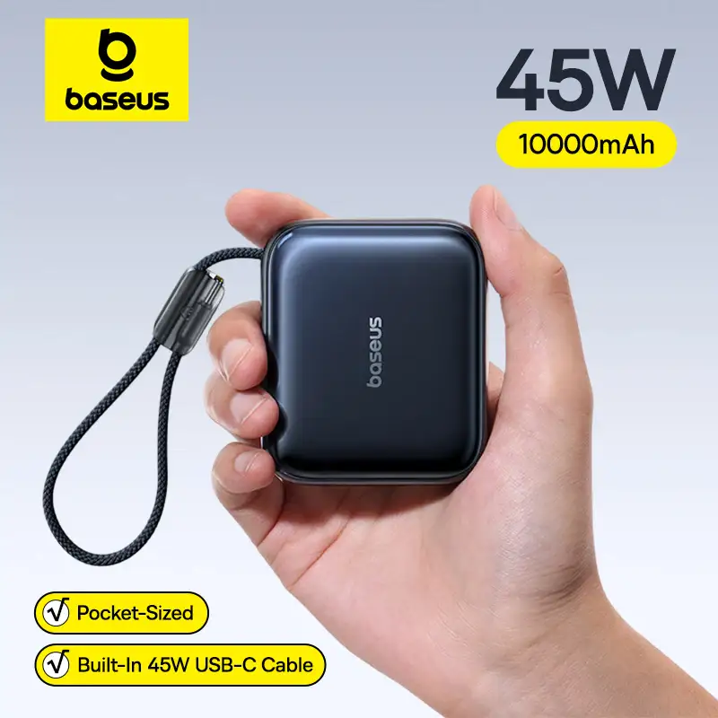 상품 이미지: 베이스스 45W 미니 보조 배터리, 10000mAh 용량, 내장 USB-C 케이블, 휴대하기 편리한 크기, 빠른 충전 속도, 아이폰 18, 17, 삼성 S26에 적합.