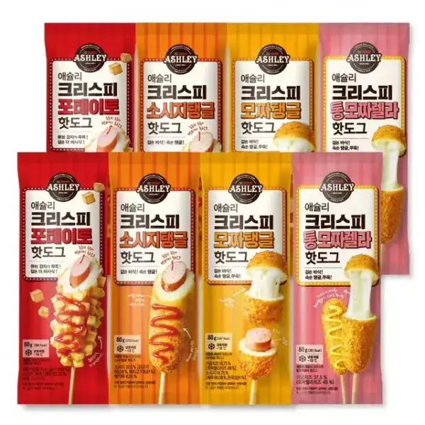 상품 이미지: 애슐리핫도그 4종 혼합 세트(포테이토2+소시지탱글2+모짜탱글2+통모짜2) 총 8개